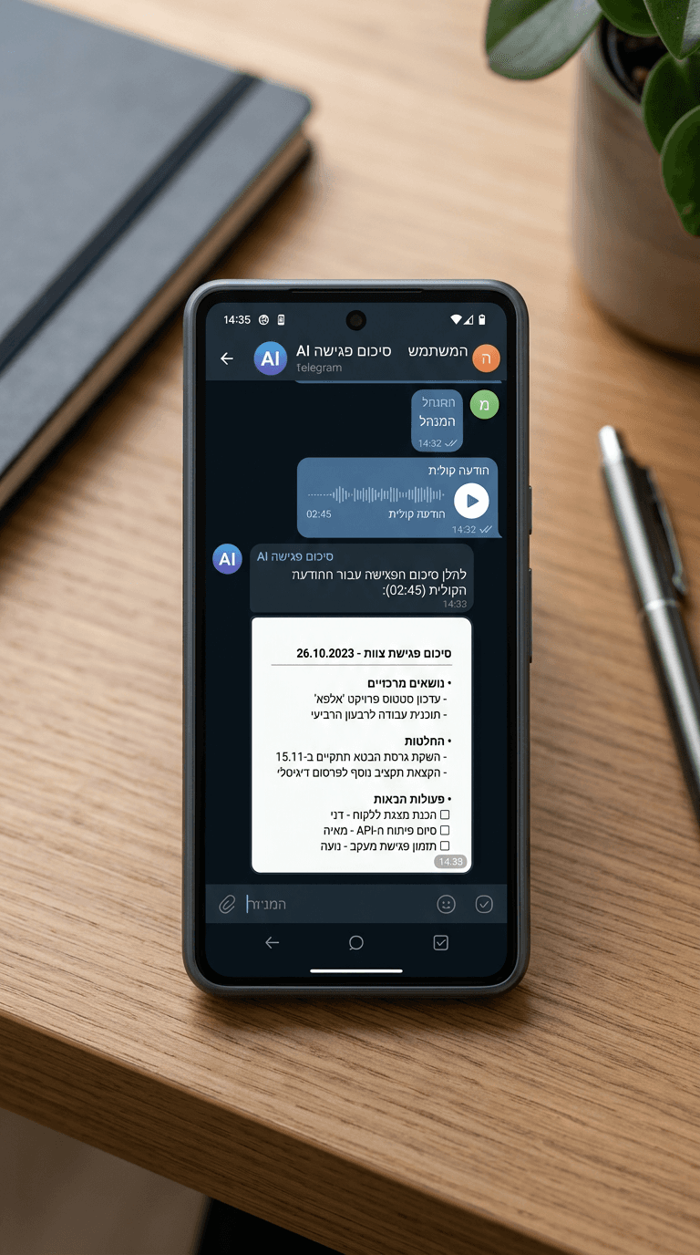 מסך דמו של בוט טלגרם שמחזיר סיכום פגישה מובנה בעברית