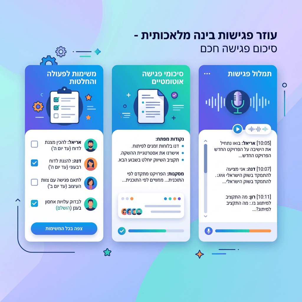 לוח יכולות של המוצר הכולל תמלול, סיכום, משימות ונקודות מפתח