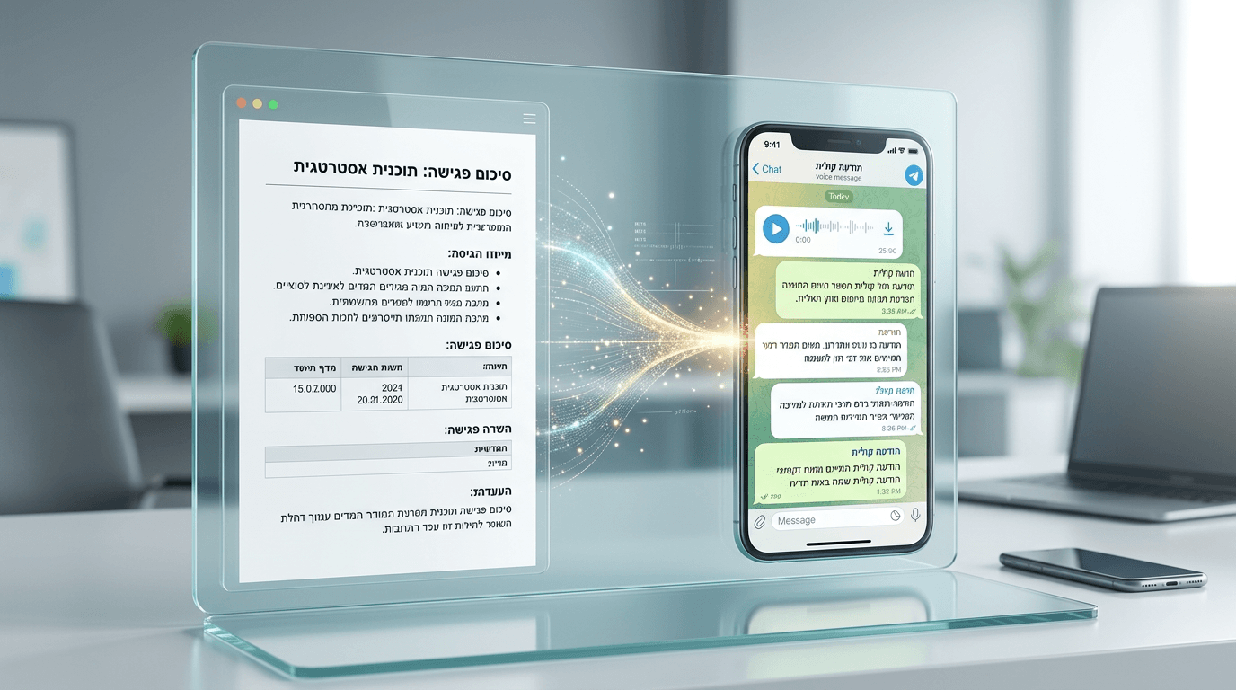 תצוגת המוצר: הודעת קול בטלגרם שהופכת למסמך סיכום פגישה בעברית
